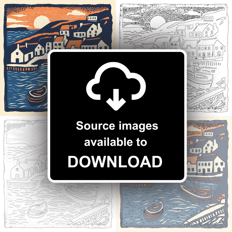 Mousehole Harbour, Cornwall Linoprint-Style Art (142-1)