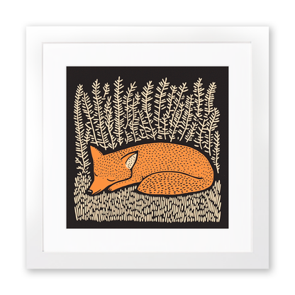 Ferns with resting fox Linoprint-Style Art (252-1)
