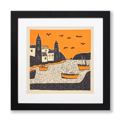 Mevagissey Harbour, Cornwall Linoprint-Style Art (303-1)