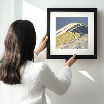 Fell runners descending steep slope Linoprint-Style Art (2427-1)