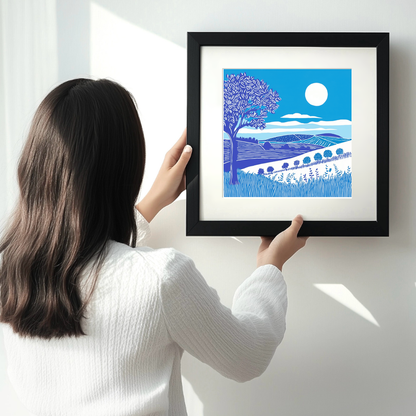 Countryside sunset Linoprint-Style Art (968-1)