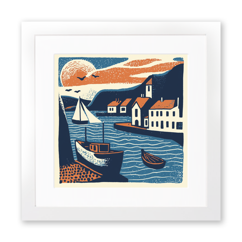 Looe Harbour, Cornwall Linoprint-Style Art (138-2)