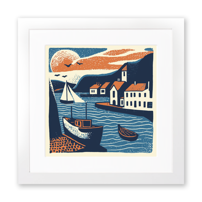 Looe Harbour, Cornwall Linoprint-Style Art (138-2)