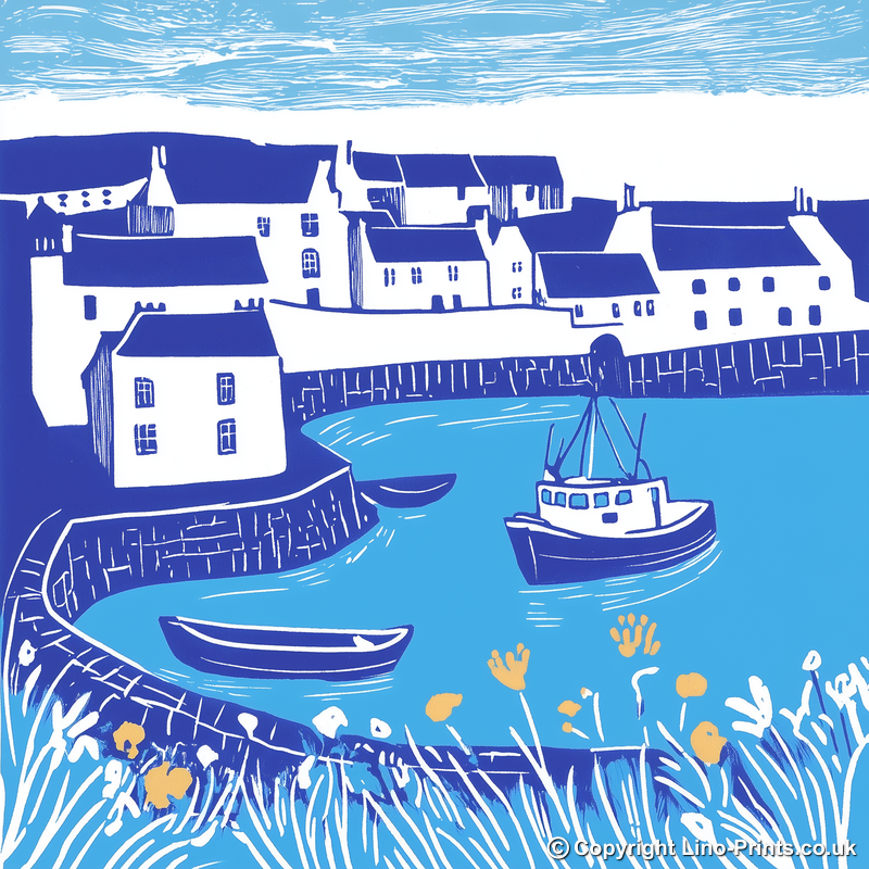 Coverack, Cornwall Linoprint-Style Art (1084-3)