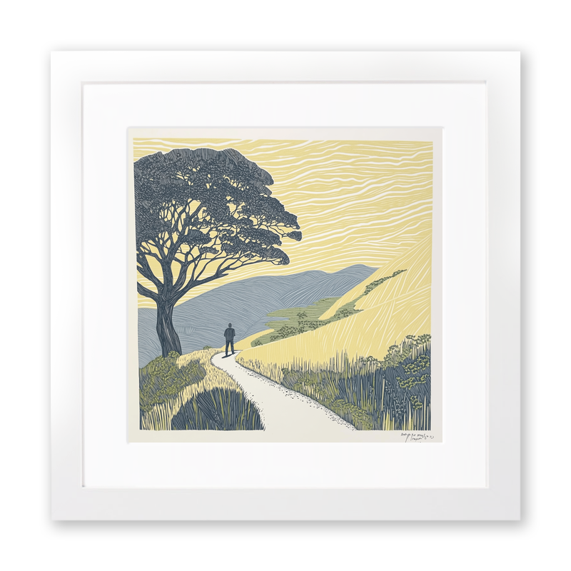 Wall silhouette leading towards a silhouetted tree Linoprint-Style Art (2593-4)