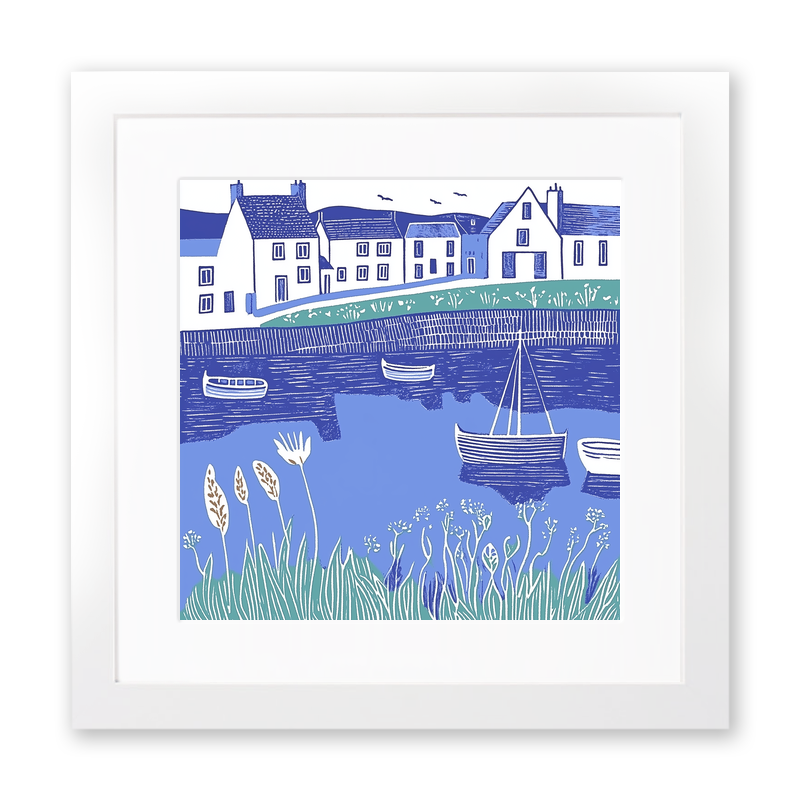 Reflections of boats in still harbour Linoprint-Style Art (1821-1)