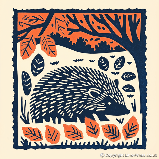 Hedgehog in autumn leaves Linoprint-Style Art (94-1)