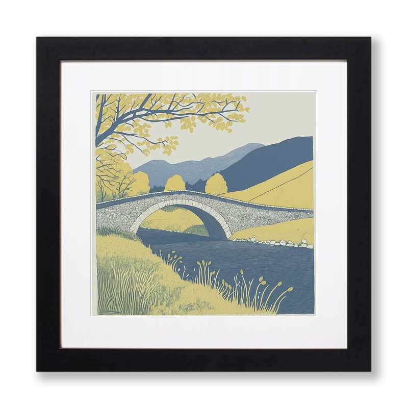 River Greta Keswick bridge Linoprint-Style Art (2519-1)