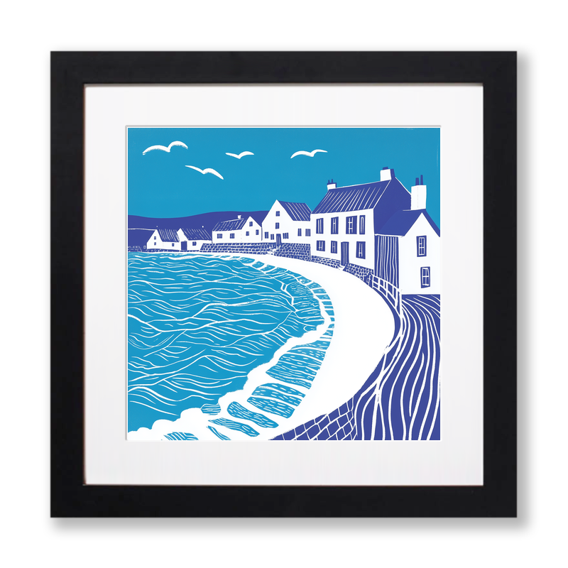West Bay, Dorset Linoprint-Style Art (1115-1)