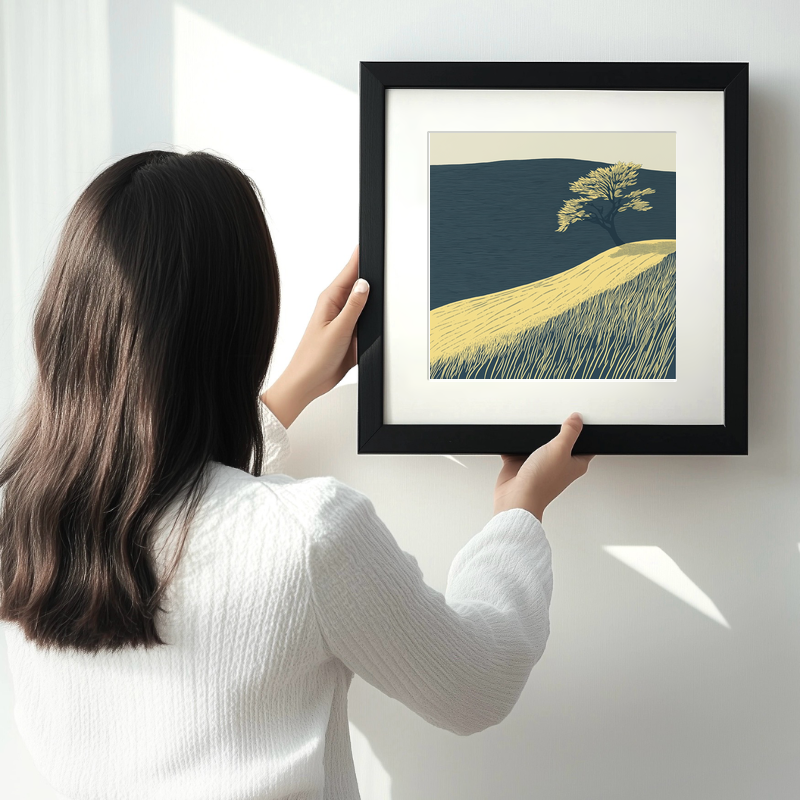 Lone windswept tree silhouette on a hill Linoprint-Style Art (2480-1)