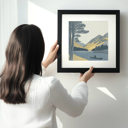 Kayaker near Buttermere pines Linoprint-Style Art (2467-1)