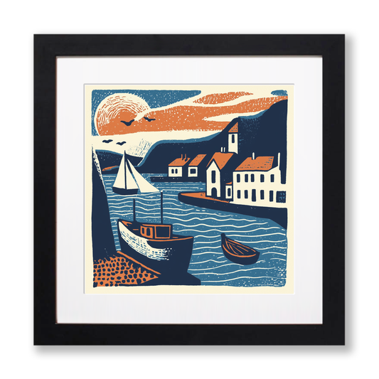 Looe Harbour, Cornwall Linoprint-Style Art (138-2)
