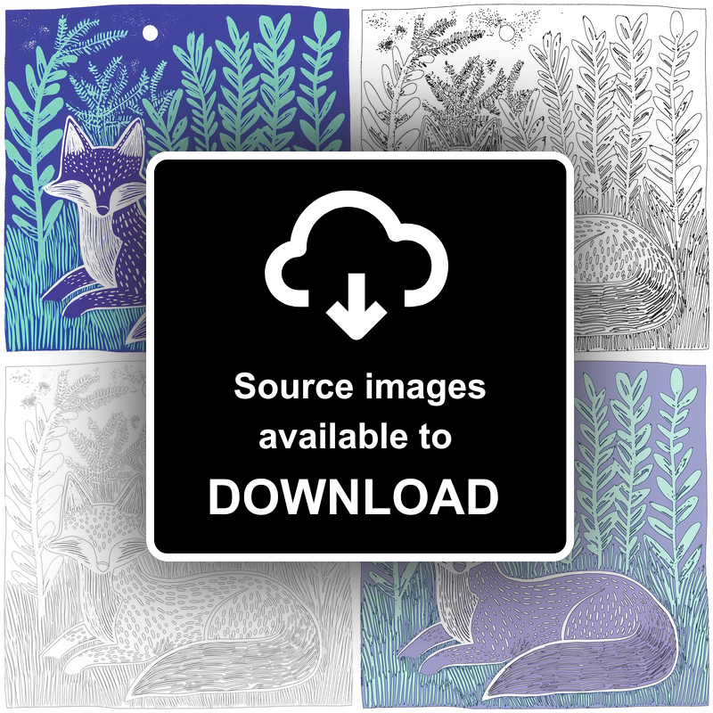 Ferns with resting fox Linoprint-Style Art (1004-1)