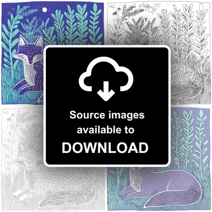 Ferns with resting fox Linoprint-Style Art (1004-1)