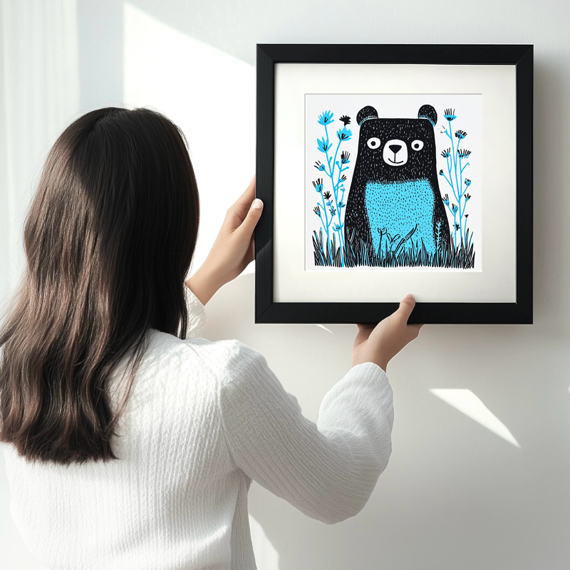 Cute Bear Cub Linoprint-Style Art (611-1)