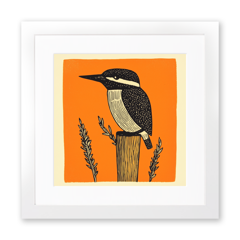 Kingfisher on a reed Linoprint-Style Art (259-1)