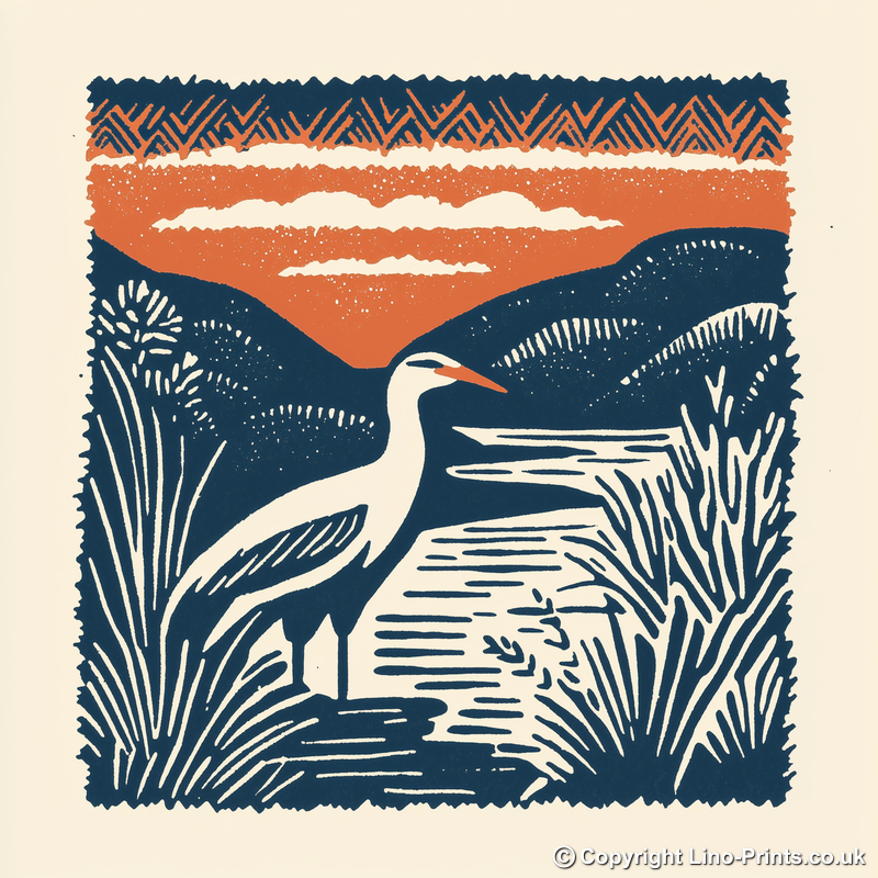 Heron in marshland Linoprint-Style Art (95-2)