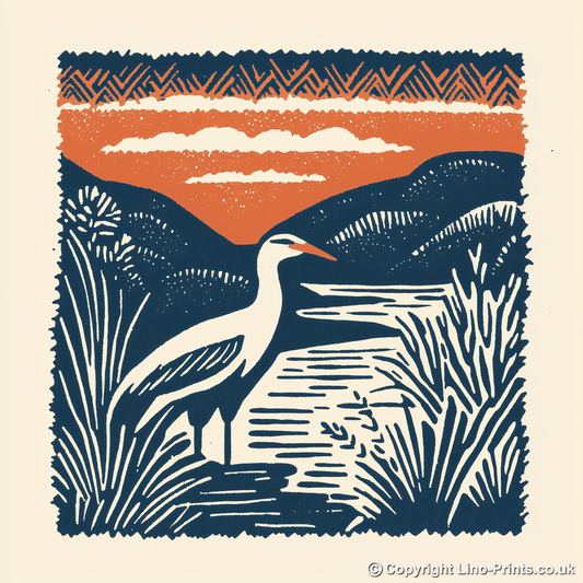 Heron in marshland Linoprint-Style Art (95-2)
