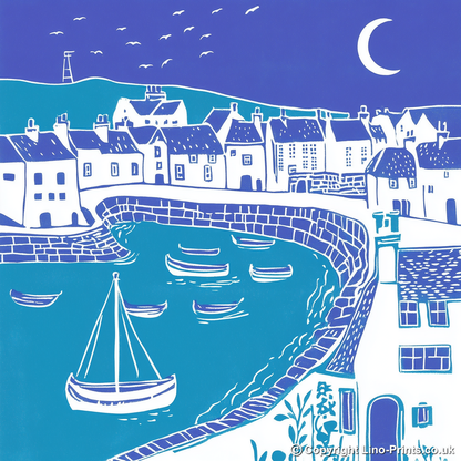 Mousehole Harbour, Cornwall Linoprint-Style Art (1096-1)