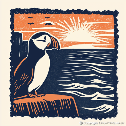 Puffin at the edge of the cliff Linoprint-Style Art (2017-1)