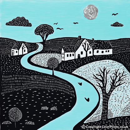 Bourton-on-the-Water, Cotswolds Linoprint-Style Art (548-1)
