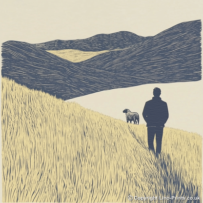 Shepherd and sheepdog silhouette Linoprint-Style Art (2545-1)