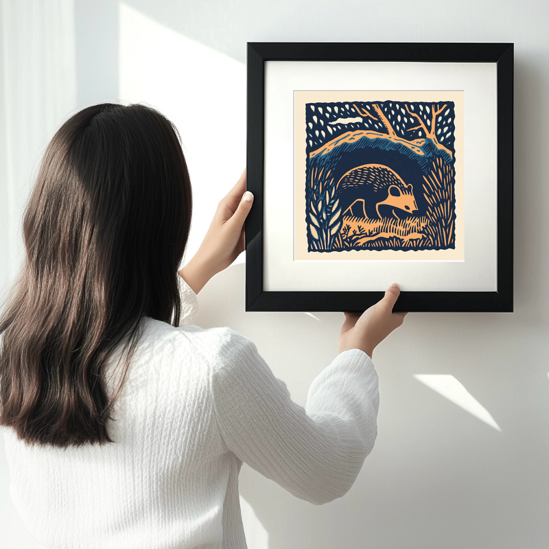 Badger emerging from sett Linoprint-Style Art (83-1)