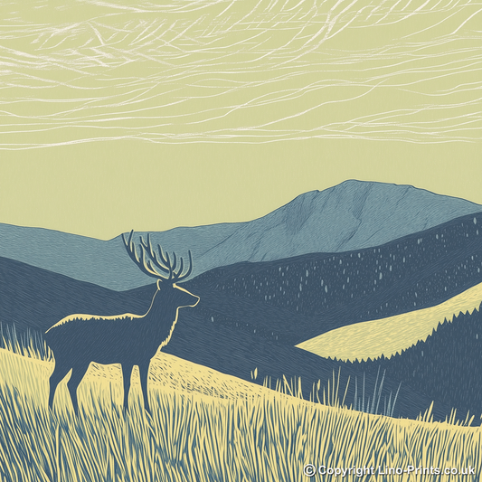 Stag silhouette on a ridge line Linoprint-Style Art (2559-4)