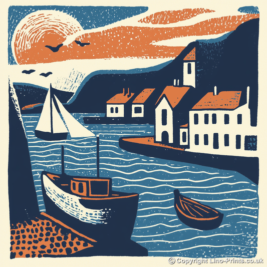Looe Harbour, Cornwall Linoprint-Style Art (138-2)