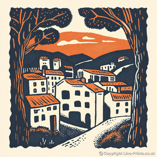 Barcelona Gothic Quarter Linoprint-Style Art (3-2)