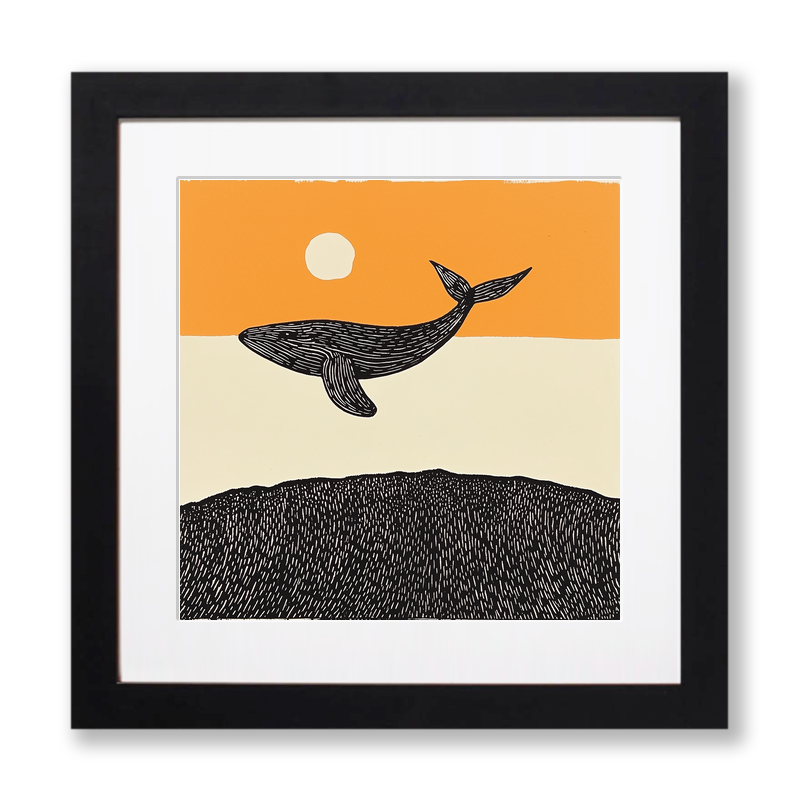 Whale breaching the surface Linoprint-Style Art (278-2)