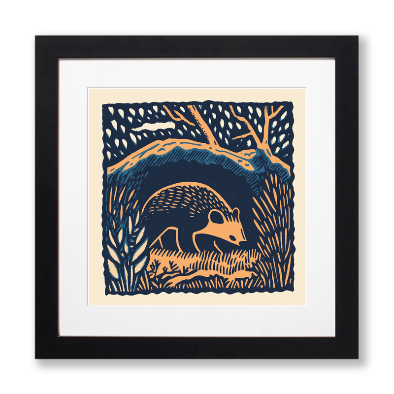 Badger emerging from sett Linoprint-Style Art (83-1)