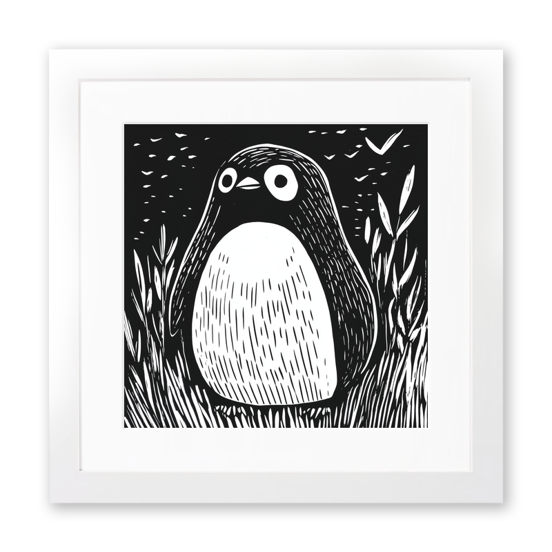 Cute Penguin Chick Linoprint-Style Art (927-1)