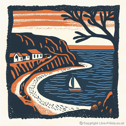 Beer Beach, Devon Linoprint-Style Art (124-1)