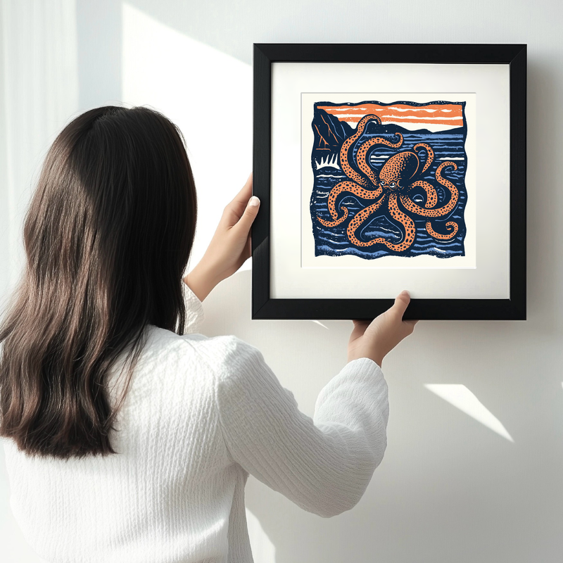 Octopus with swirling tentacles Linoprint-Style Art (508-1)