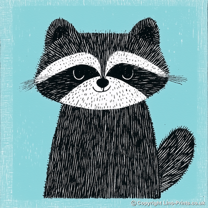 Cute Raccoon Kit Linoprint-Style Art (640-1)