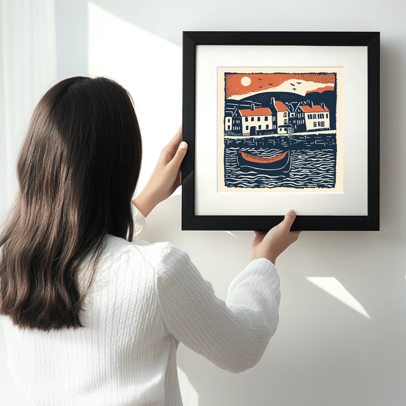 Whitby Harbour, North Yorkshire Linoprint-Style Art (162-2)