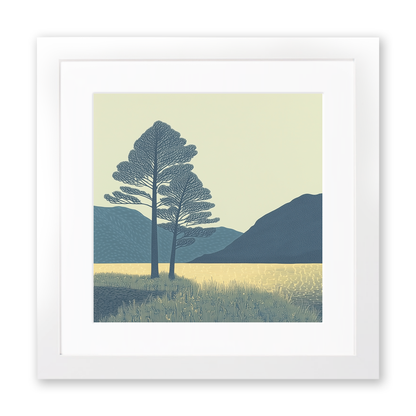 Pine trees silhouette on a lake island (e.g., Derwentwater) Linoprint-Style Art (2504-6)
