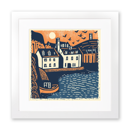 Tenby Harbour, Pembrokeshire Linoprint-Style Art (158-1)