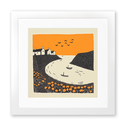 Looe Harbour, Cornwall Linoprint-Style Art (300-1)