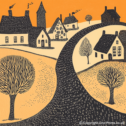 Bourton-on-the-Water, Cotswolds Linoprint-Style Art (166-1)