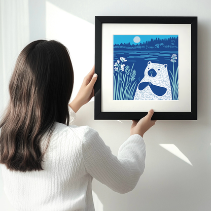 Cute Baby Beaver Linoprint-Style Art (900-1)