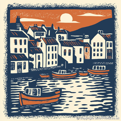 Brixham Harbour, Devon Linoprint-Style Art (127-1)