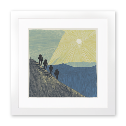 Hikers on a ridge silhouette Linoprint-Style Art (2456-2)