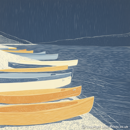 Kayaks lined up on shore Linoprint-Style Art (2469-1)