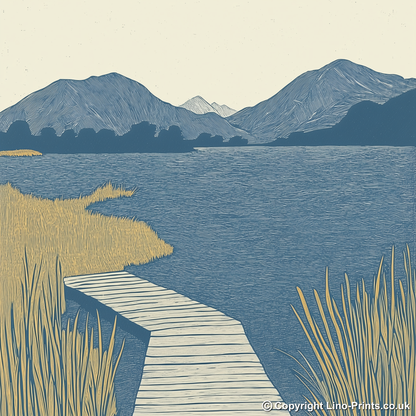 Derwentwater jetties and islands Linoprint-Style Art (2405-2)