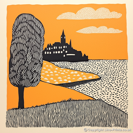 Mont Saint-Michel, France Linoprint-Style Art (183-3)