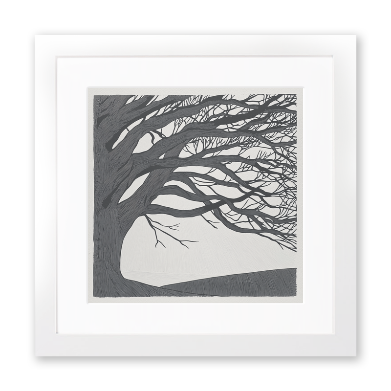 Bare winter tree branches silhouette Linoprint-Style Art (2359-1)