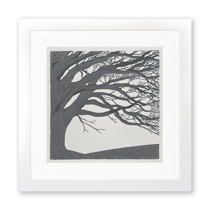 Bare winter tree branches silhouette Linoprint-Style Art (2359-1)