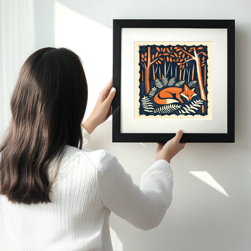 Ferns with resting fox Linoprint-Style Art (90-2)